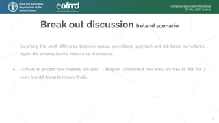 Break out discussion Ireland scenario
Emergency Vaccination Workshop
30 May 2023 (online)
6
• Surprising the small difference between census surveillance approach and risk-based surveillance.
Again, this emphasizes the importance of resource.
• Difficult to predict how markets will react – Belgium commented how they are free of ASF for 2
years but still trying to recover trade.
 