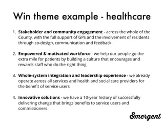 Win theme example - healthcare
1. Stakeholder and community engagement - across the whole of the
County, with the full support of GPs and the involvement of residents
through co-design, communication and feedback
2. Empowered & motivated workforce - we help our people go the
extra mile for patients by building a culture that encourages and
rewards staﬀ who do the right thing
3. Whole-system integration and leadership experience - we already
operate across all services and health and social care providers for
the beneﬁt of service users
4. Innovative solutions - we have a 10-year history of successfully
delivering change that brings beneﬁts to service users and
commissioners
 