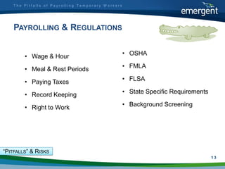 The Pitfalls of Payrolling Temporary Workers




    PAYROLLING & REGULATIONS


        • Wage & Hour                              • OSHA

        • Meal & Rest Periods                      • FMLA

        • Paying Taxes                             • FLSA

        • Record Keeping                           • State Specific Requirements

        • Right to Work                            • Background Screening




“PITFALLS” & RISKS
                                                                                   1
                                                                                   13
 