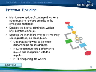 The Pitfalls of Payrolling Temporary Workers




INTERNAL POLICIES
• Mention exemption of contingent workers
  from regular employee benefits in the
  employee handbook.
• Develop an internal contingent worker
  best practices manual.
• Educate the managers who use temporary
  contingent labor on procedures.
    • Understanding what to do when
      discontinuing an assignment.
    • How to communicate performance
      issues and recognition with the
      supplier.
    • NOT disciplining the worker.

SOLUTIONS
                                               1
                                               19
 