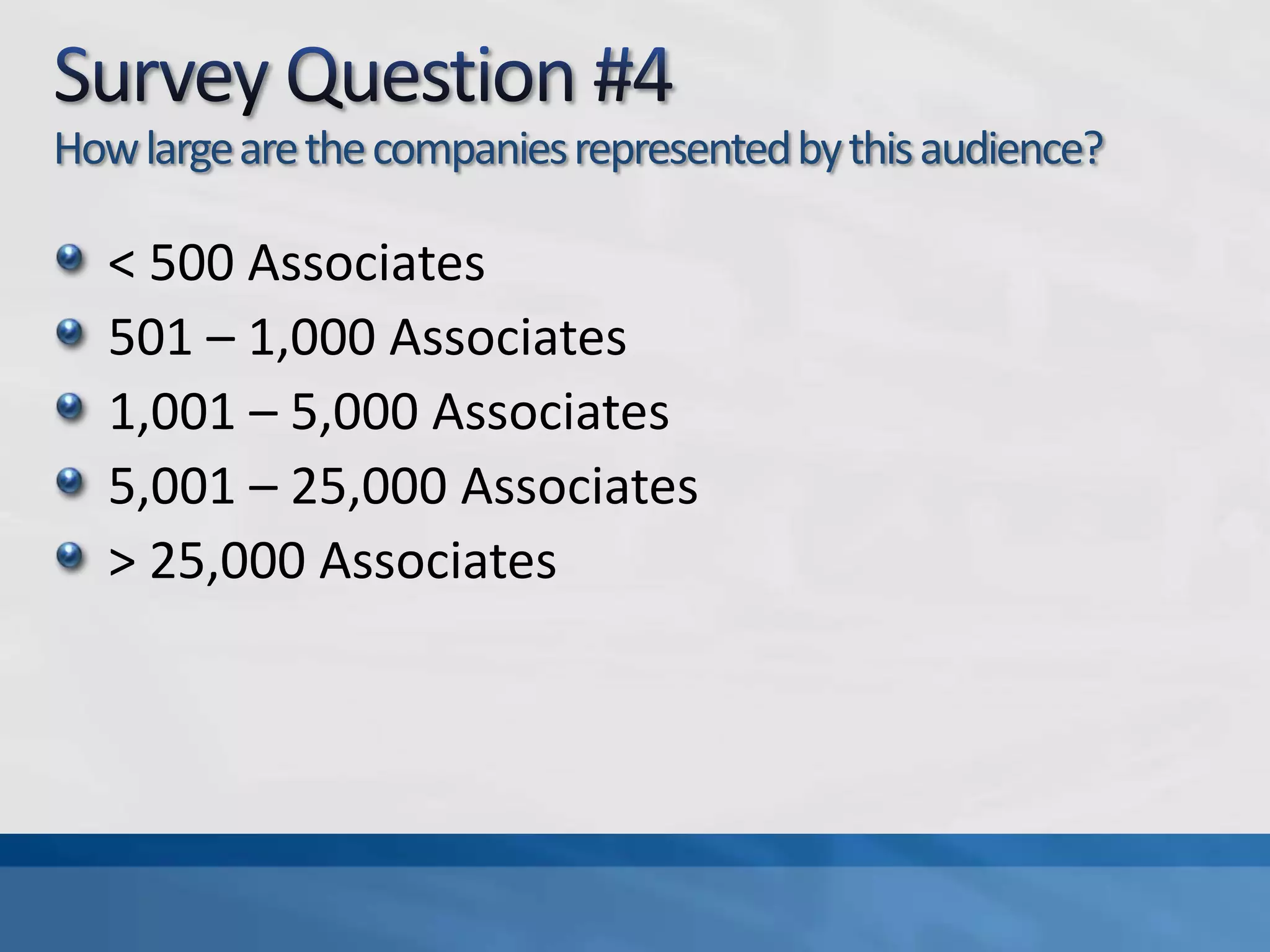 Survey Question #4How large are the companies represented by this audience?< 500 Associates501 – 1,000 Associates1,001 – 5,000 Associates5,001 – 25,000 Associates> 25,000 Associates