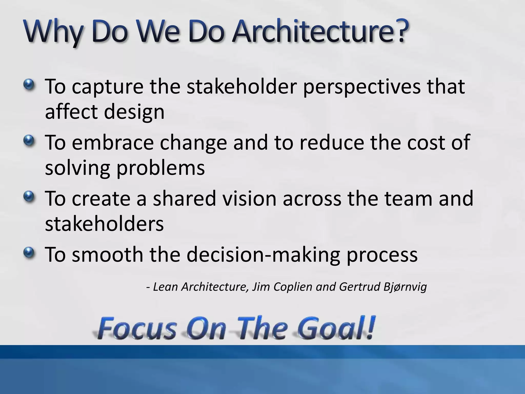 Definition Of Architecture"Architecture is about the important stuff. Whatever that is.“Who Needs An Architect?, Martin Fowlerhttp://martinfowler.com/ieeeSoftware/whoNeedsArchitect.pdfArchitecture is the stuff that's hard to change later. And there should be as little of that stuff as possible.Martin Fowler via Neil FordEvolutionary architecture and emergent design: Evolutionary architecturehttp://public.dhe.ibm.com/software/dw/java/j-eaed10-pdf.pdf