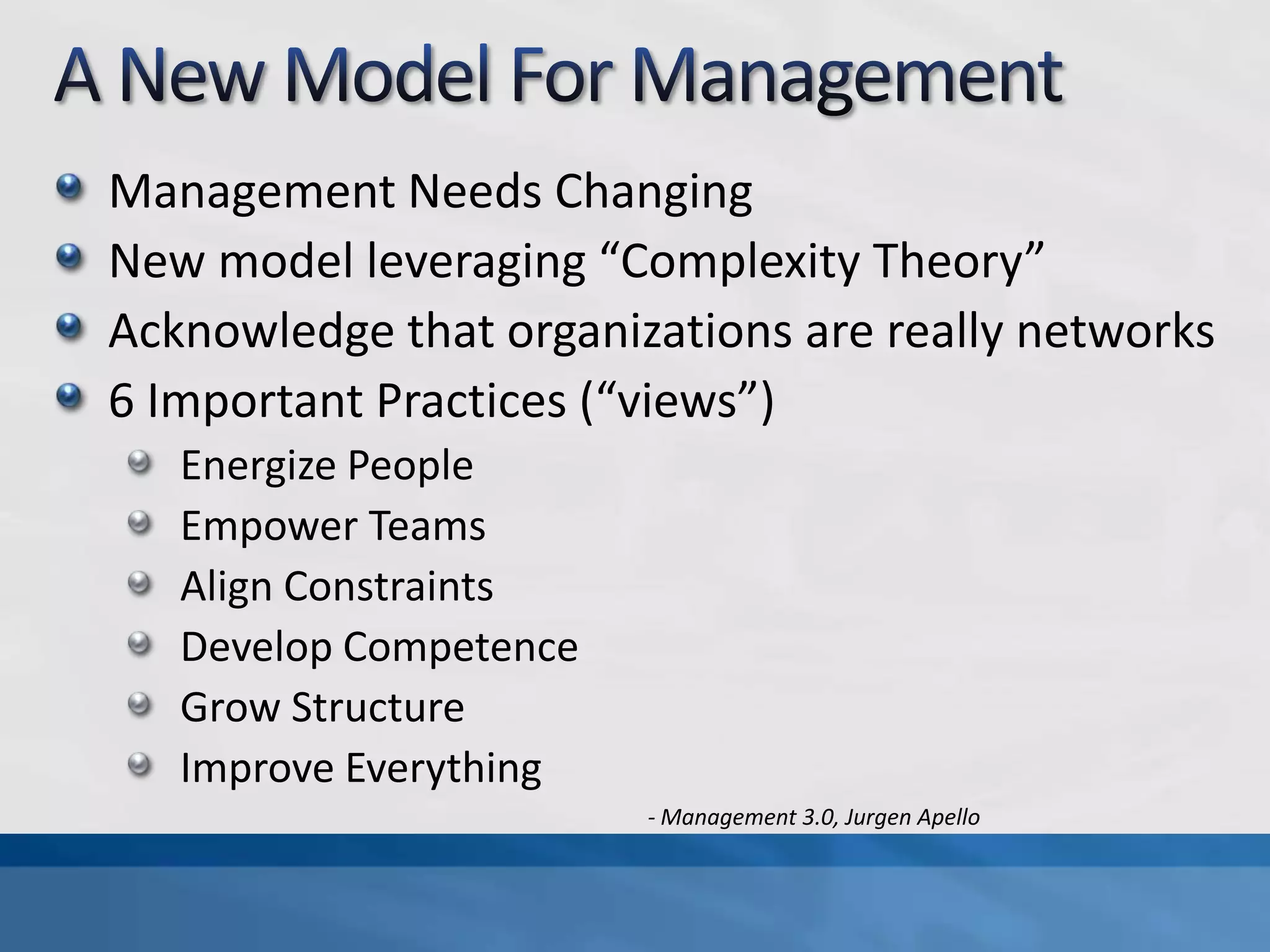 Simple Principles Of EmergenceThe source of emergence is the interaction among agents who mutually affect each other.Attend to relationships characterized by mutuality among people, among teams and among companies in order for novelty to emerge.Small change can lead to large effects.Seek to lead change through many small experiments, which search the landscape of possibilities.Emergence is certain, but there is no certainty of what it will be.Create conditions for constructive emergence rather than to plan a strategic goal in detail. Evolve solutions, don’t design them.Greater diversity of agents in a system leads to richer emergent patterns.Seek a diversity of people, cultures, expertise, ages, personalities, gender so that when they interact in teams, creativity has the potential of being enhanced.- Complexity: life at the edge of chaos, Roger LewinSimple to Describe. Hard to Accept!