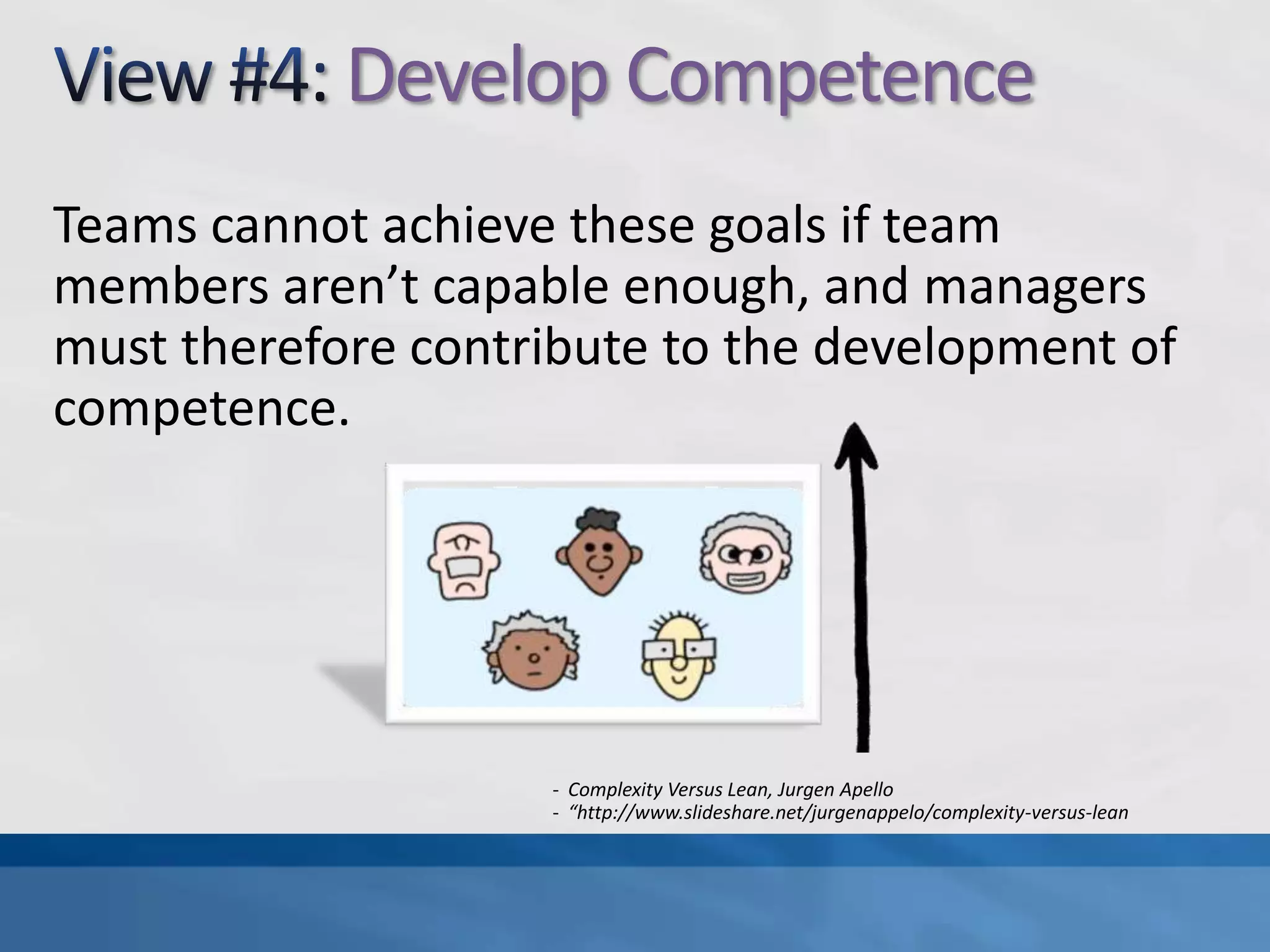 “http://www.slideshare.net/jurgenappelo/complexity-versus-leanView #2: Empower TeamsTeams can self-organize, and this requires empowerment, authorization, and trust from management.Complexity Versus Lean, JurgenApello