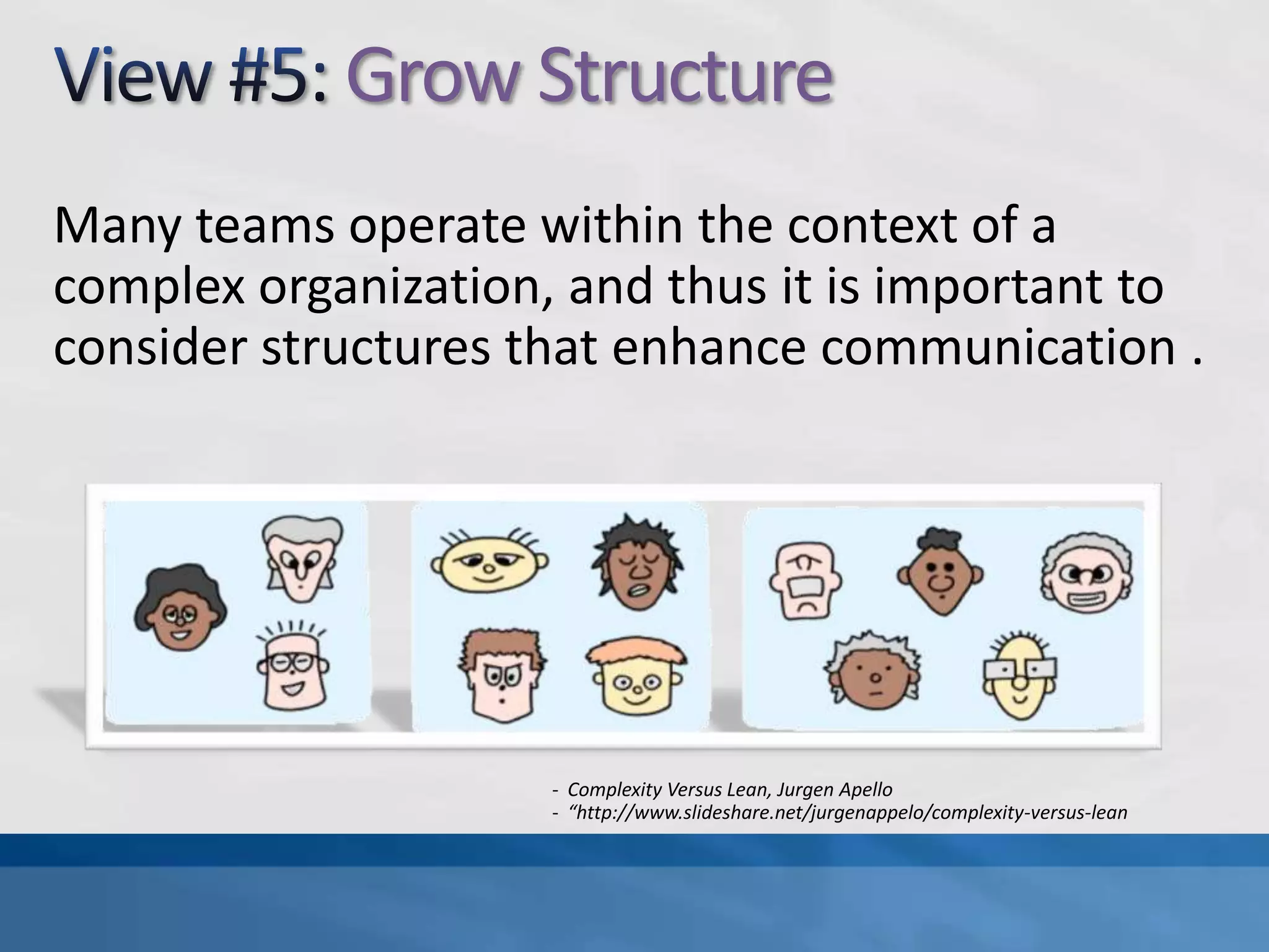 “http://www.slideshare.net/jurgenappelo/complexity-versus-leanView #3: Align ConstraintsSelf-organization can lead to anything, and it’s therefore necessary to protect people and shared resources, and to give people a clear purpose and defined goals.Complexity Versus Lean, JurgenApello