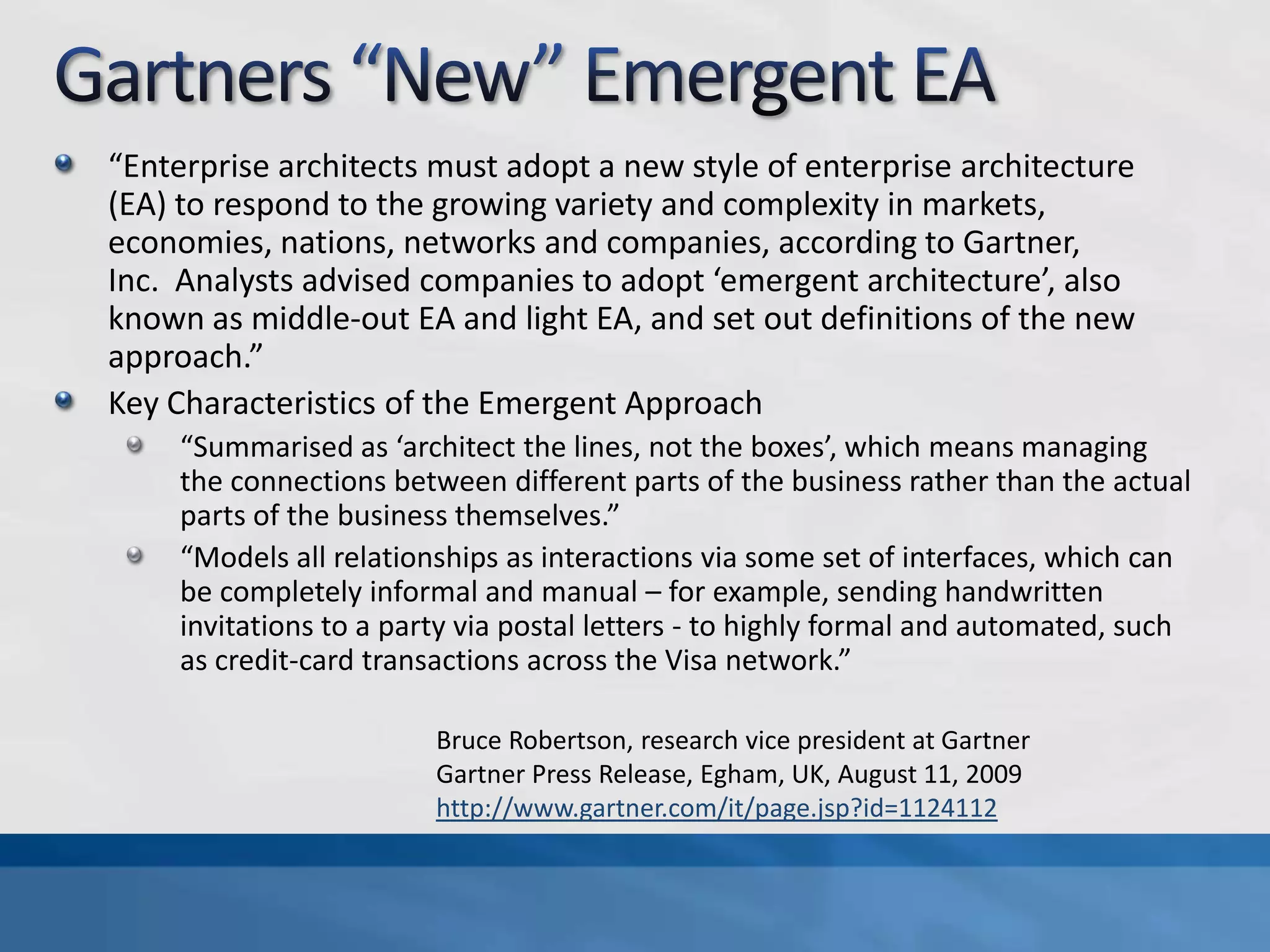 AgendaIntroductionWhat is Architecture?What is an Architect?What is Emergence?How Can We Foster Emergence?How To Maximize Value DeliveryConclusion and Q&AAppendix (Gartner On Emergent Architecture)