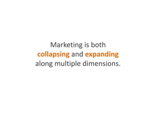Marketing is both
collapsing and expanding
along multiple dimensions.
 