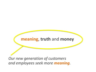 Marketing can blend
art and science together to achieve
meaning, truth and money.
Our new generation of customers
and employees seek more meaning.
 
