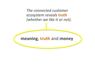 Marketing can blend
art and science together to achieve
meaning, truth and money.
The connected customer
ecosystem reveals truth
(whether we like it or not).
 