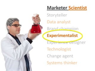 Marketer Scientist
Storyteller
Data analyst
Brand champion
Experimentalist
Experience designer
Technologist
Change agent
Systems thinker
 