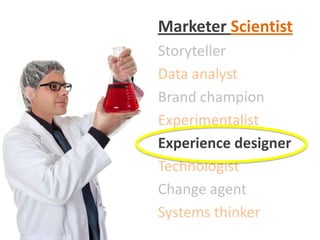 Marketer Scientist
Storyteller
Data analyst
Brand champion
Experimentalist
Experience designer
Technologist
Change agent
Systems thinker
 