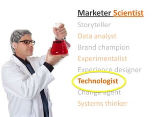 Marketer Scientist
Storyteller
Data analyst
Brand champion
Experimentalist
Experience designer
Technologist
Change agent
Systems thinker
 