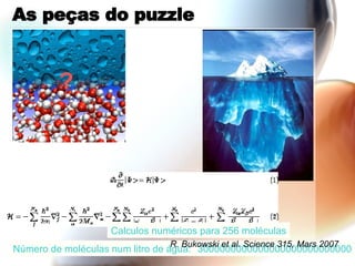 As peças do puzzle Calculos numéricos para 256 moléculas ? Número de moléculas num litro de água: 3000000000000000000000000000 R. Bukowski et al. Science 315, Mars 2007 