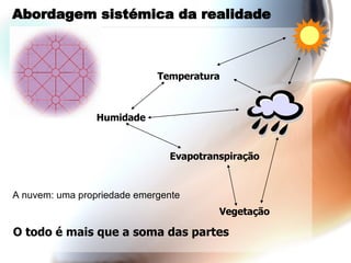 Abordagem sistémica da realidade Temperatura Evapotranspiração Humidade O todo é mais que a soma das partes Vegetação A nuvem: uma propriedade emergente 