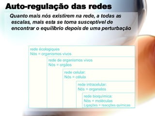 Auto-regulação das redes Quanto mais nós existirem na rede, a todas as escalas, mais esta se torna susceptivel de encontrar o equílibrio depois de uma perturbação rede écologiques Nós = organismos vivos rede de organismos vivos Nós = orgãos rede celular: Nós = célula rede intracelular: Nós = organelos rede bioquímica: Nós = moléculas Ligações = reacções químicas  