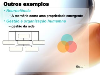 Outros exemplos Neurociência A memória como uma propriedade emergente Gestão e organização humamna gestão da rede Etc… 