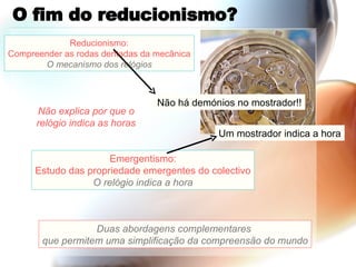 O fim do reducionismo? Reducionismo: Compreender as rodas dentadas da mecânica O mecanismo dos relógios Emergentismo: Estudo das propriedade emergentes do colectivo O relógio indica a hora Não explica por que o relógio indica as horas Duas abordagens complementares  que permitem uma simplificação da compreensão do mundo Não há demónios no mostrador!! Um mostrador indica a hora 