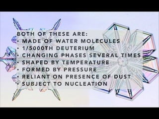 BOTH OF THESE ARE: 
• MADE OF WATER MOLECULES 
• 1/5000TH DEUTERIUM 
• CHANGING PHASES SEVERAL TIMES 
• SHAPED BY TEMPERATURE 
• FORMED BY PRESSURE 
• RELIANT ON PRESENCE OF DUST 
• SUBJECT TO NUCLEATION 
 