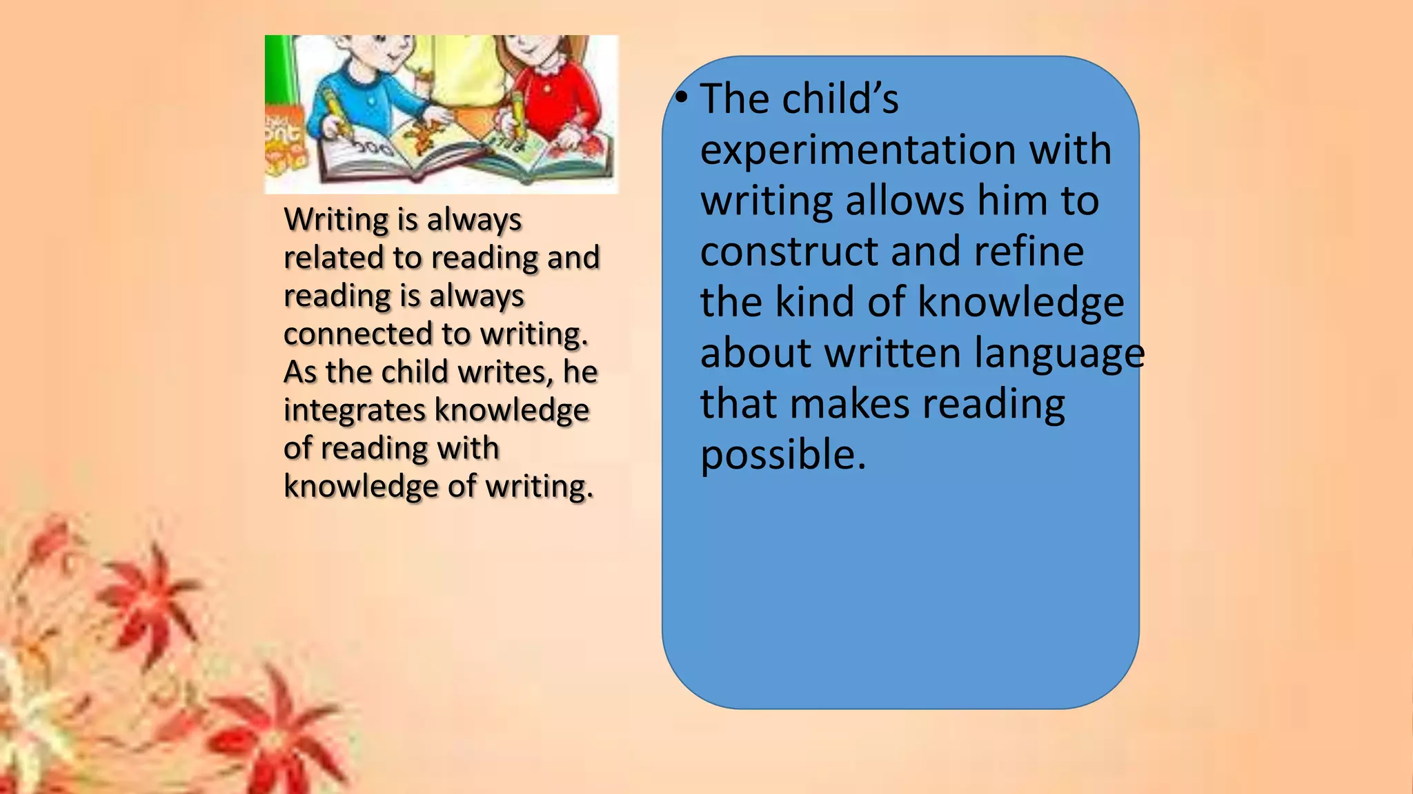• The child’s
experimentation with
writing allows him to
construct and refine
the kind of knowledge
about written language
that makes reading
possible.
Writing is always
related to reading and
reading is always
connected to writing.
As the child writes, he
integrates knowledge
of reading with
knowledge of writing.
 