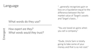 Language 
What words do they use? 
! 
How expert are they? 
What words would they trust? 
Emergent 
“…generally recognizes gain or 
loss on a liquidation equal to the 
difference between the fair 
market value of Target's assets 
and Target's basis…” 
“You are taxed on gains when 
you sell a company.” 
“Dude, Uncle Sam is totally 
going to take some of your 
money and that is so not cool.” 
 