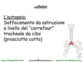 L’autopsia:
  Soffocamento da ostruzione
  a livello del “carrefour”
  tracheale da cibo
  (prosciutto cotto)



www.iltuo...