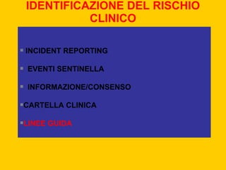 IDENTIFICAZIONE DEL RISCHIO
              CLINICO

   INCIDENT REPORTING

   EVENTI SENTINELLA

   INFORMAZIONE/CONSENSO

   CARTELLA CLINICA

   LINEE GUIDA
 