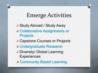 Emerge Activities
O Study Abroad / Study Away
O Collaborative Assignments or

Projects
O Capstone Courses or Projects
O Undergraduate Research
O Diversity/ Global Learning
Experiences
O Community-Based Learning

 