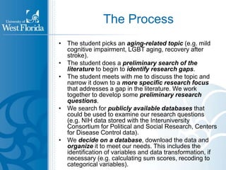 The Process 
• The student picks an aging-related topic (e.g. mild 
cognitive impairment, LGBT aging, recovery after 
stroke). 
• The student does a preliminary search of the 
literature to begin to identify research gaps. 
• The student meets with me to discuss the topic and 
narrow it down to a more specific research focus 
that addresses a gap in the literature. We work 
together to develop some preliminary research 
questions. 
• We search for publicly available databases that 
could be used to examine our research questions 
(e.g. NIH data stored with the Interuniversity 
Consortium for Political and Social Research, Centers 
for Disease Control data). 
• We decide on a database, download the data and 
organize it to meet our needs. This includes the 
identification of variables and data transformation, if 
necessary (e.g. calculating sum scores, recoding to 
categorical variables). 
 