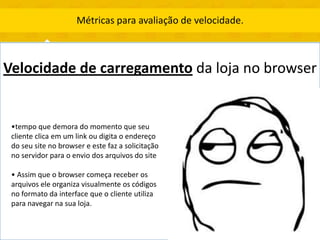 Métricas para avaliação de velocidade.



Velocidade de carregamento da loja no browser


 •tempo que demora do momento que seu
 cliente clica em um link ou digita o endereço
 do seu site no browser e este faz a solicitação
 no servidor para o envio dos arquivos do site

 • Assim que o browser começa receber os
 arquivos ele organiza visualmente os códigos
 no formato da interface que o cliente utiliza
 para navegar na sua loja.
 