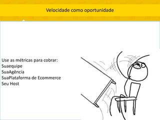 Velocidade como oportunidade




Use as métricas para cobrar:
Suaequipe
SuaAgência
SuaPlataforma de Ecommerce
Seu Host
 