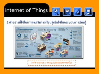 Internet of Things 
3.ตัวอย่างที่ใช้ในการส่งเสริมการเรียนรู้หรือใช้ในกระบวนการเรียนรู้ 
การใช้ Internet of Things ในห้องเรียนศตวรรษที่ 21  