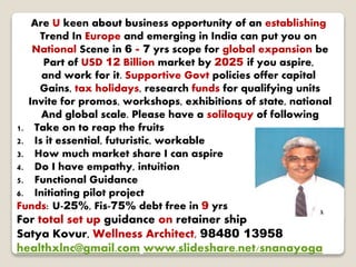 Are U keen about business opportunity of an establishing
Trend In Europe and emerging in India can put you on
National Scene in 6 - 7 yrs scope for global expansion be
Part of USD 12 Billion market by 2025 if you aspire,
and work for it. Supportive Govt policies offer capital
Gains, tax holidays, research funds for qualifying units
Invite for promos, workshops, exhibitions of state, national
And global scale. Please have a soliloquy of following
1. Take on to reap the fruits
2. Is it essential, futuristic, workable
3. How much market share I can aspire
4. Do I have empathy, intuition
5. Functional Guidance
6. Initiating pilot project
Funds: U-25%, Fis-75% debt free in 9 yrs
For total set up guidance on retainer ship
Satya Kovur, Wellness Architect, 98480 13958
healthxlnc@gmail.com www.slideshare.net/snanayoga
 