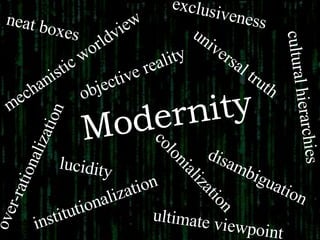 colonialization mechanistic worldview over-rationalization objective reality   universal truth cultural hierarchies neat boxes institutionalization ultimate viewpoint lucidity Modernity exclusiveness   disambiguation 