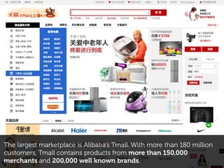 The largest marketplace is Alibaba’s Tmall. With more than 180 million
customers, Tmall contains products from more than 150,000
merchants and 200,000 well known brands.
 