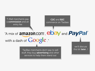 C2C and B2C
commerce on Taobao
T-Mall merchants pay
a commission and an
entry fee
we’ll discuss
this bit later...!TaoBao merchants don’t pay to sell
stuﬀ, they buy advertising and other
services to help them stand out
and“A mix of ,
with a dash of .”
 