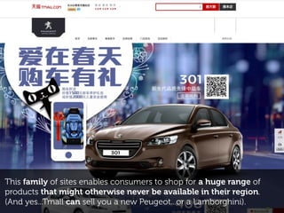This family of sites enables consumers to shop for a huge range of
products that might otherwise never be available in their region.
(And yes...Tmall can sell you a new Peugeot...or a Lamborghini).
 