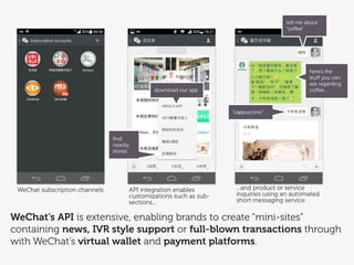WeChat’s API is extensive, enabling brands to create “mini-sites”
containing news, IVR style support or full-blown transactions
through with WeChat’s virtual wallet and payment platforms.
WeChat subscription channels API integration enables
customizations such as sub-
sections...
download our app
ﬁnd
nearby
stores
...and product or service
inquiries using an automated
short messaging service
here’s the
stuﬀ you can
ask regarding
coﬀee...
“cappuccino”
tell me about
“coﬀee”
 