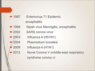  1997 Enterovirus 71 Epidemic
encephalitis
 1999 Nipah virus Meningitis, encephalitis
 2002 SARS corona virus
 2003 Influenza A (H51N1)
 2004 Plasmodium knowlesi
 2009 Influenza A (H1N1)
 2012 Novel Corona V (middle-east respiratory
syndrome corona v)
 