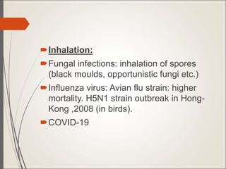 Inhalation:
Fungal infections: inhalation of spores
(black moulds, opportunistic fungi etc.)
Influenza virus: Avian flu strain: higher
mortality. H5N1 strain outbreak in Hong-
Kong ,2008 (in birds).
COVID-19
 
