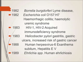1982 Borrelia burgdorferi Lyme disease,
1982 Escherichia coli O157:H7
Haemorrhagic colitis; haemolytic
uremic syndrome
 1983 HIV-1, HIV-2 Acquired
immunodeficiency syndrome
 1983 Helicobacter pylori gastritis, gastric
ulcers, increased risk of gastric cancer
1988 Human herpesvirus-6 Exanthema
subitum, Hepatitis E V
1989 Ehrlichia spp. Human ehrlichiosis
 