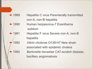  1989 Hepatitis C virus Parenterally transmitted
non-A, non-B hepatitis
 1990 Human herpesvirus-7 Exanthema
subitum
 1991 Hepatitis F virus Severe non-A, non-B
hepatitis
 1992 Vibrio cholerae O139:H7 New strain
associated with epidemic cholera
 1992 Bartonella henselae CAT-scratch disease,
bacillary angiomatosis
 