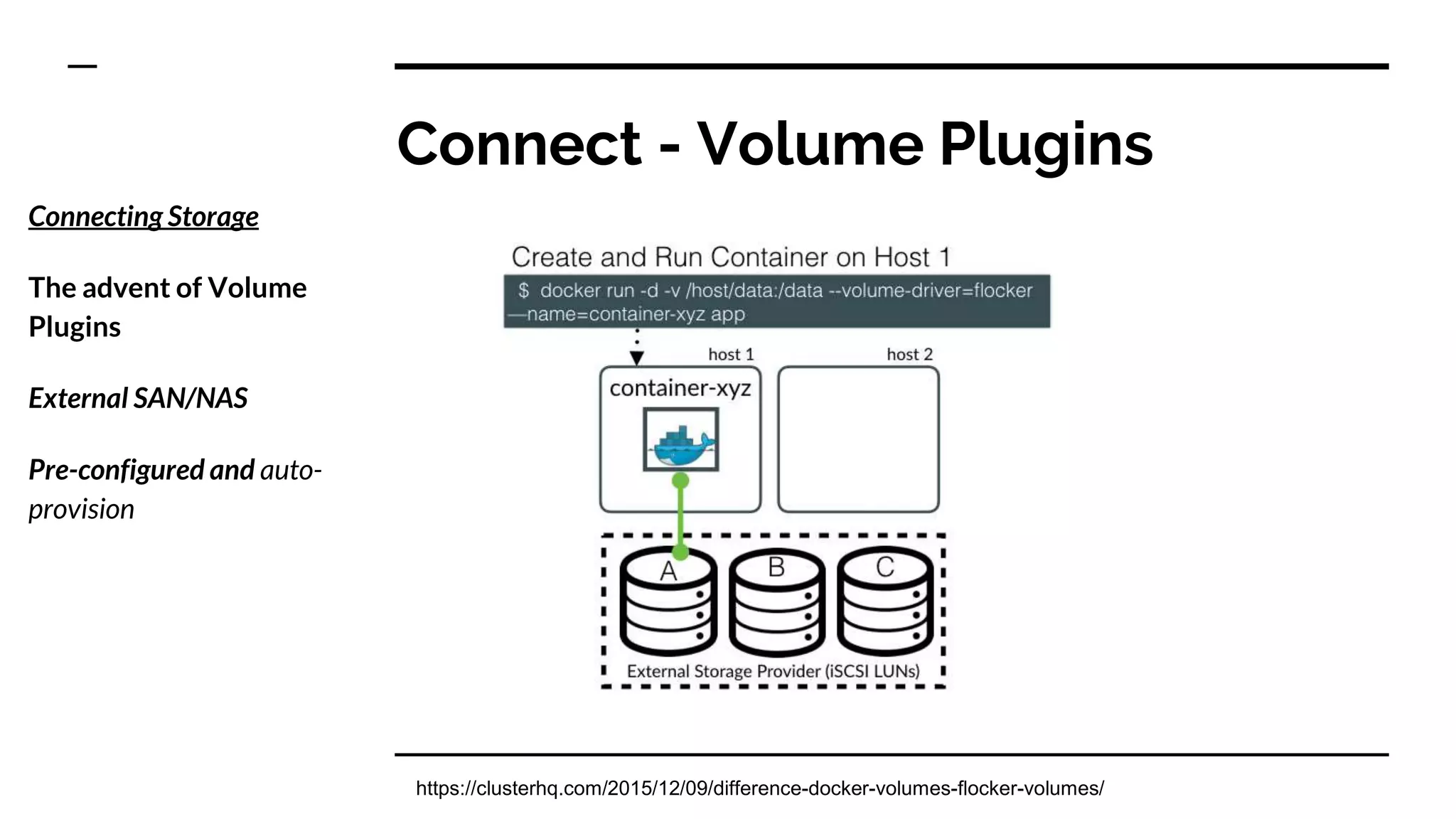 Connect - Volume Plugins
Connecting Storage
The advent of Volume
Plugins
External SAN/NAS
Pre-configured and auto-
provision
https://clusterhq.com/2015/12/09/difference-docker-volumes-flocker-volumes/
 