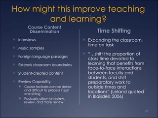 How might this improve teaching and learning? Course Content Dissemination Interviews  Music samples  Foreign language passages Extends classroom boundaries Student-created content  Review Capability  Course lectures can be dense and difficult to process in just one sitting Podcasts allow for review, review, and more review Time Shifting Expanding the classroom, time on task  “… shift the proportion of class time devoted to learning that benefits from face-to-face interactions between faculty and students, and shift preparatory work to outside times and locations” (Leland quoted in Blaisdell, 2006) 