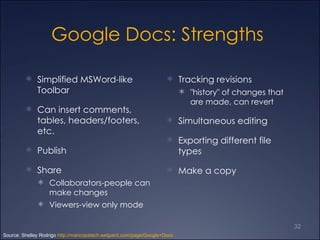 Google Docs: Strengths  Simplified MSWord-like Toolbar  Can insert comments, tables, headers/footers, etc.  Publish  Share  Collaborators-people can make changes  Viewers-view only mode  Tracking revisions "history" of changes that are made, can revert  Simultaneous editing Exporting different file types Make a copy Source: Shelley Rodrigo  http://maricopatech.wetpaint.com/page/Google+Docs 