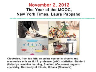 November 2, 2012

The Year of the MOOC,
New York Times, Laura Pappano,
http://www.nytimes.com/2012/11/04/education/edlife/massive-open-online-courses-are-multiplying-at-a-rapid-pace.html?pagewanted=all

Clockwise, from top left: an online course in circuits and
electronics with an M.I.T. professor (edX); statistics, Stanford
(Udacity); machine learning, Stanford (Coursera); organic
chemistry, University of Illinois, Urbana (Coursera).

 