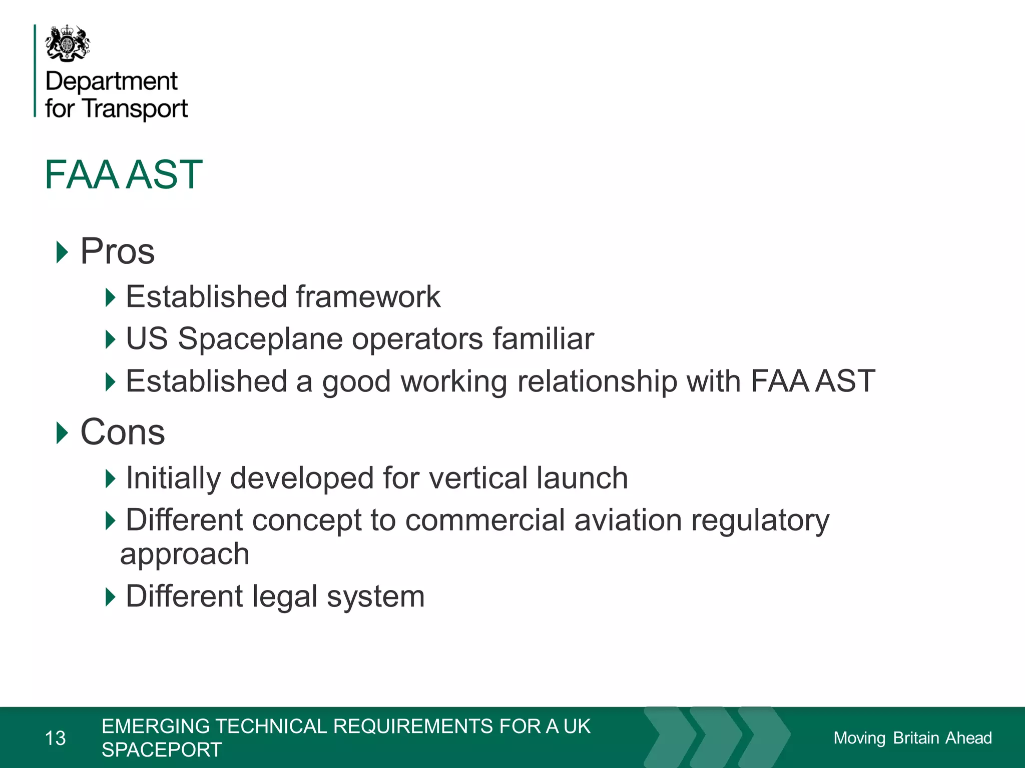 Moving Britain Ahead
FAA AST
13
Pros
Established framework
US Spaceplane operators familiar
Established a good working relationship with FAA AST
Cons
Initially developed for vertical launch
Different concept to commercial aviation regulatory
approach
Different legal system
November 15
EMERGING TECHNICAL REQUIREMENTS FOR A UK
SPACEPORT
 