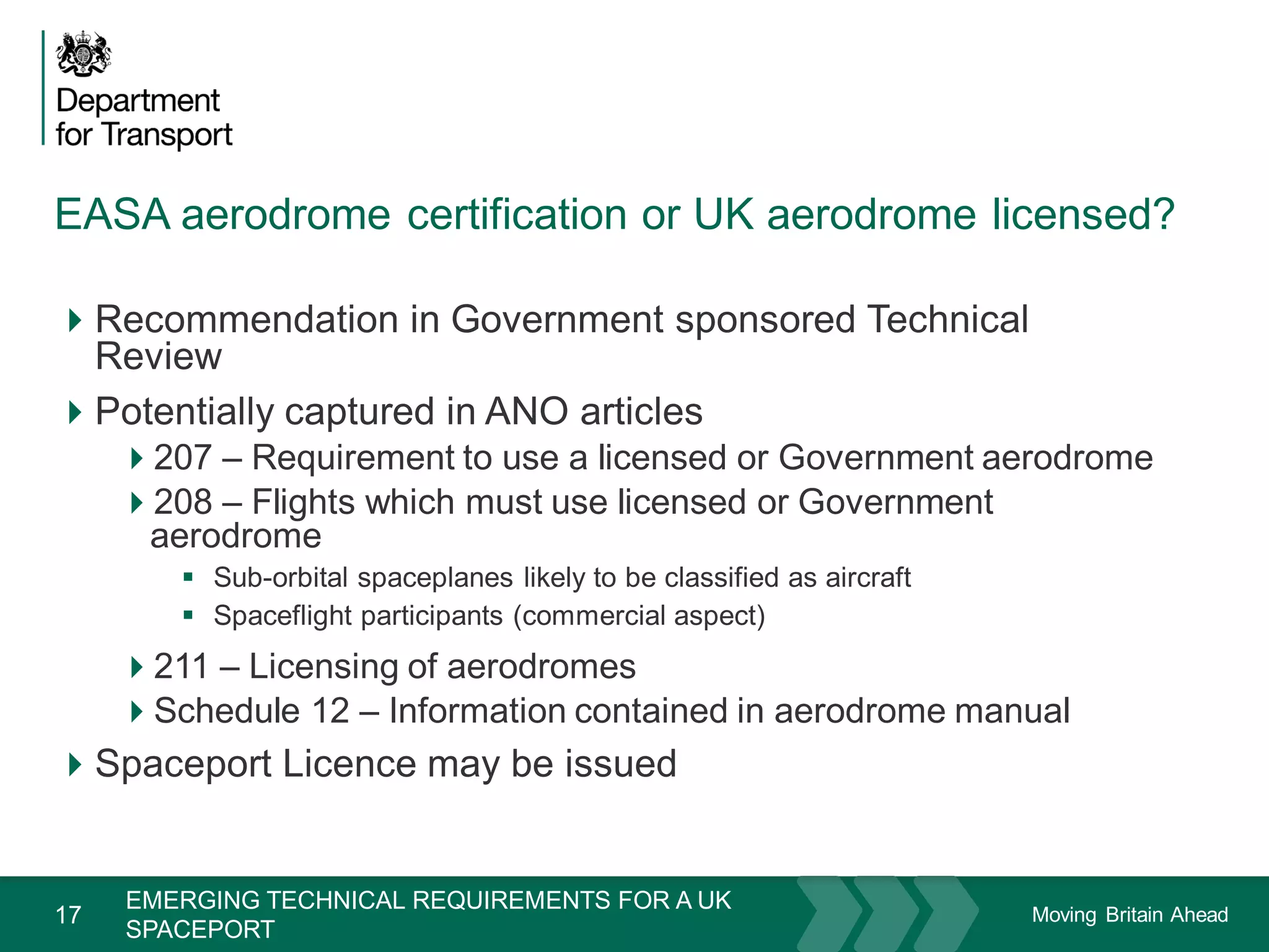 Moving Britain Ahead
EASA aerodrome certification or UK aerodrome licensed?
17
Recommendation in Government sponsored Technical
Review
Potentially captured in ANO articles
207 – Requirement to use a licensed or Government aerodrome
208 – Flights which must use licensed or Government
aerodrome
 Sub-orbital spaceplanes likely to be classified as aircraft
 Spaceflight participants (commercial aspect)
211 – Licensing of aerodromes
Schedule 12 – Information contained in aerodrome manual
Spaceport Licence may be issued
November 15
EMERGING TECHNICAL REQUIREMENTS FOR A UK
SPACEPORT
 
