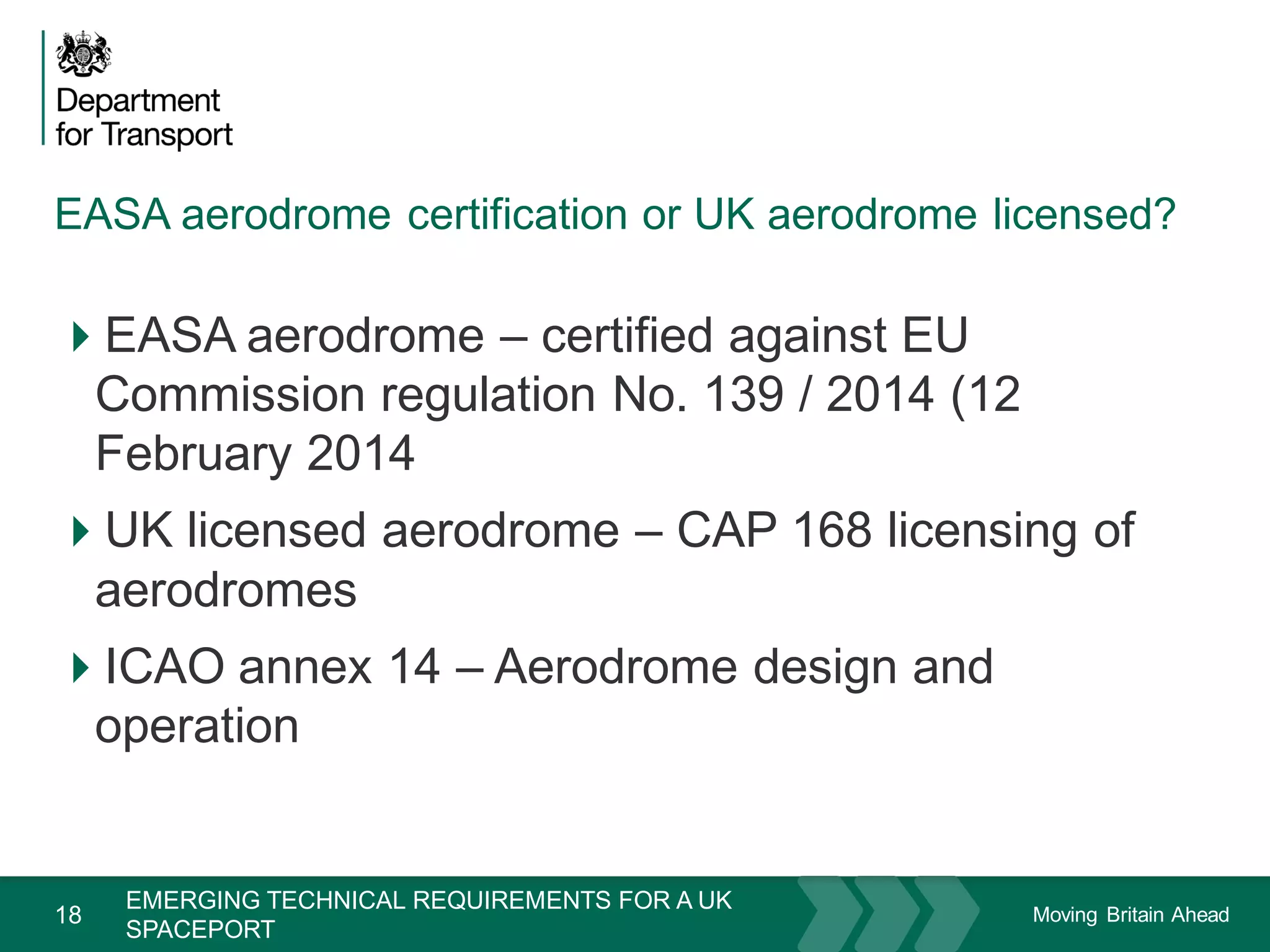 Moving Britain Ahead
EASA aerodrome certification or UK aerodrome licensed?
18
EASA aerodrome – certified against EU
Commission regulation No. 139 / 2014 (12
February 2014
UK licensed aerodrome – CAP 168 licensing of
aerodromes
ICAO annex 14 – Aerodrome design and
operation
November 15
EMERGING TECHNICAL REQUIREMENTS FOR A UK
SPACEPORT
 