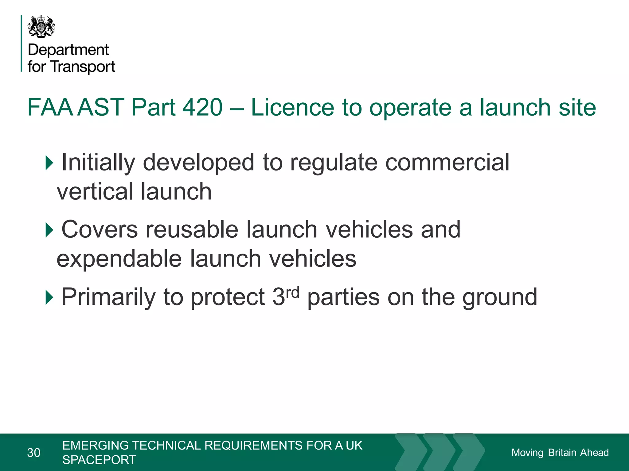 Moving Britain Ahead
FAA AST Part 420 – Licence to operate a launch site
30
Initially developed to regulate commercial
vertical launch
Covers reusable launch vehicles and
expendable launch vehicles
Primarily to protect 3rd parties on the ground
EMERGING TECHNICAL REQUIREMENTS FOR A UK
SPACEPORT
November 15
 
