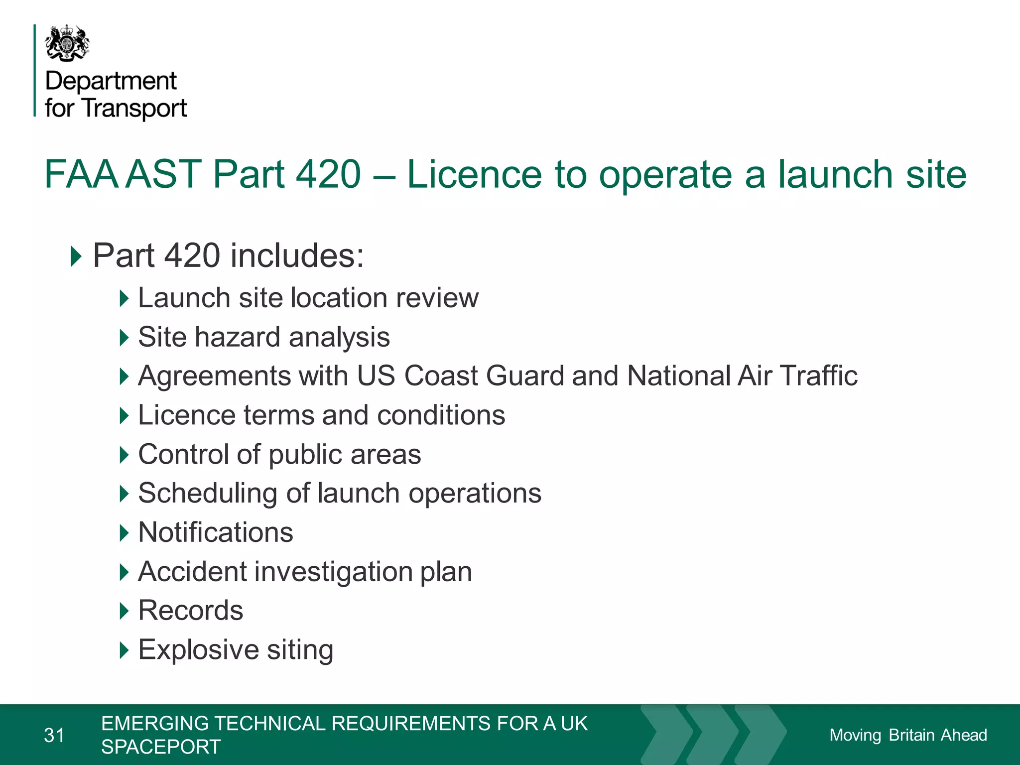 Moving Britain Ahead
FAA AST Part 420 – Licence to operate a launch site
31
Part 420 includes:
Launch site location review
Site hazard analysis
Agreements with US Coast Guard and National Air Traffic
Licence terms and conditions
Control of public areas
Scheduling of launch operations
Notifications
Accident investigation plan
Records
Explosive siting
EMERGING TECHNICAL REQUIREMENTS FOR A UK
SPACEPORT
November 15
 